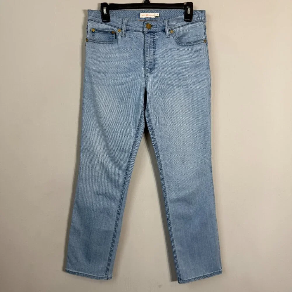 Tory Burch Straight Leg Denim Jeans Womens 28 Blue Stretch Logo Designer Classic